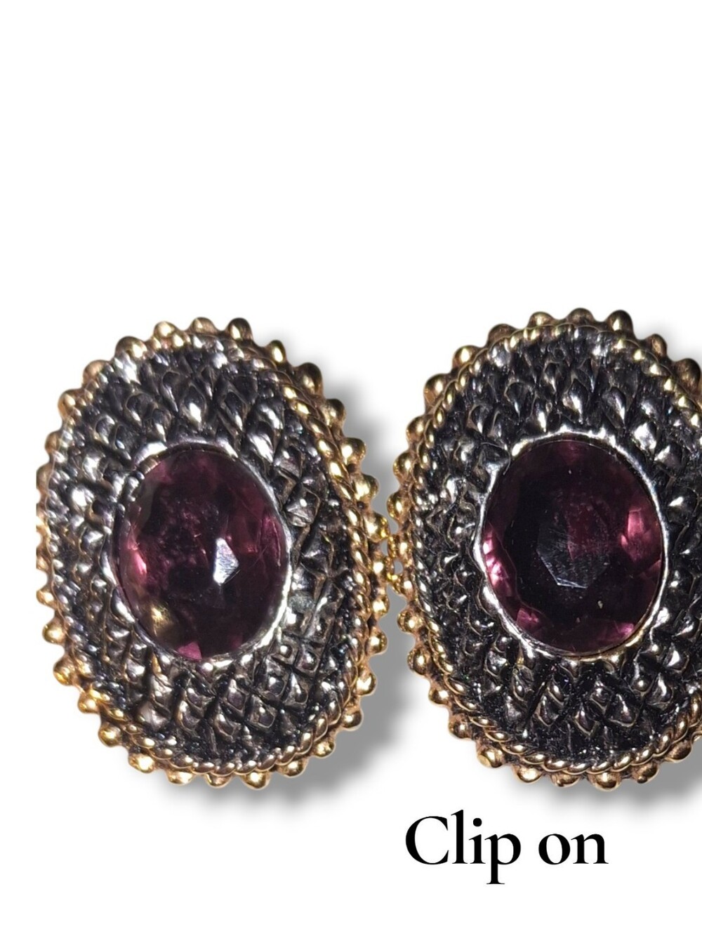 Vintage-Inspired Purple Stone Oval Earrings Two-Tone Metal Faux Amethyst Clipon